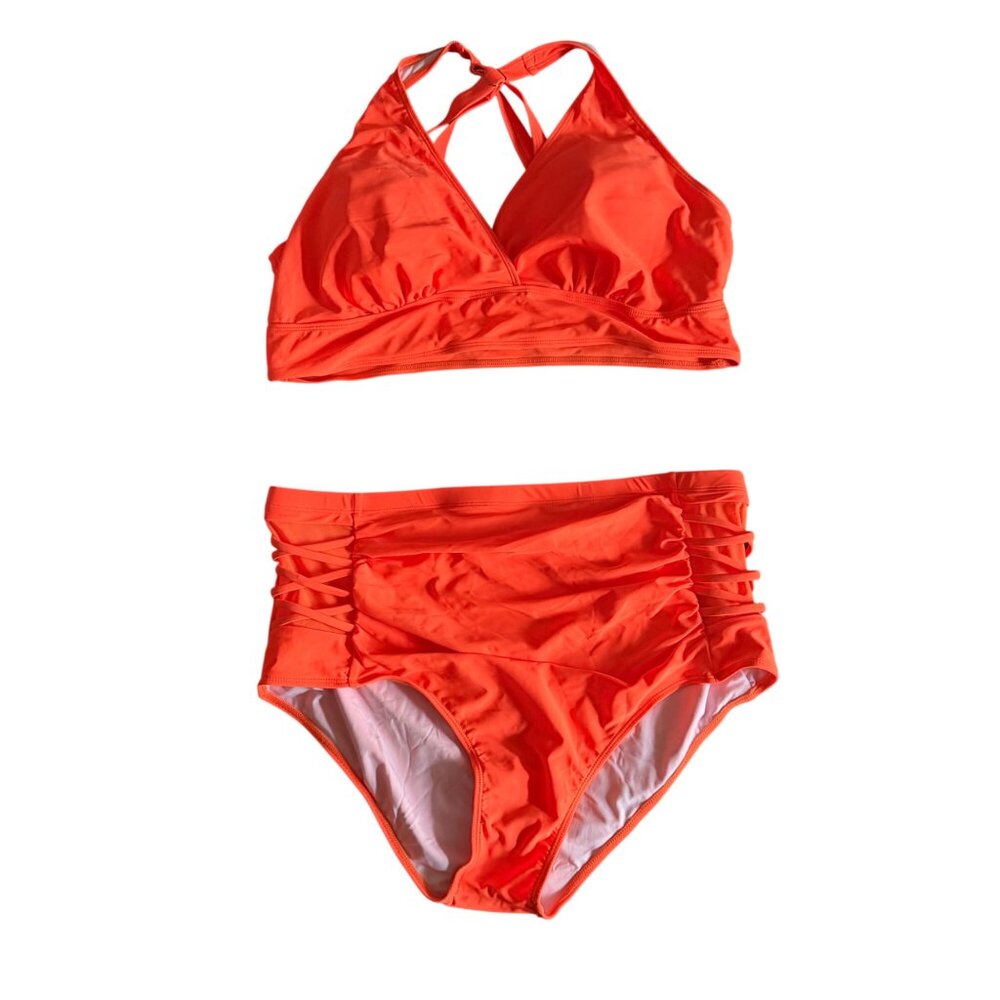 Tourniquet Orange High Waisted Bikini Set With Crisscross Halter Top NWT